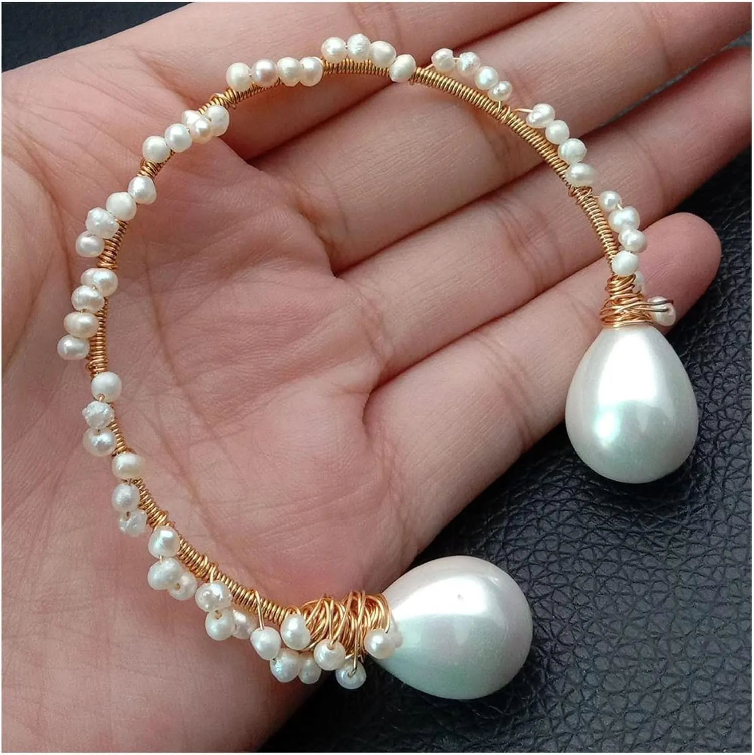 Natural White Freshwater Pearl sea Shell Pearl Handmade Gold Color Plated Adjustable Bangle Bracelet Classic Anniversary