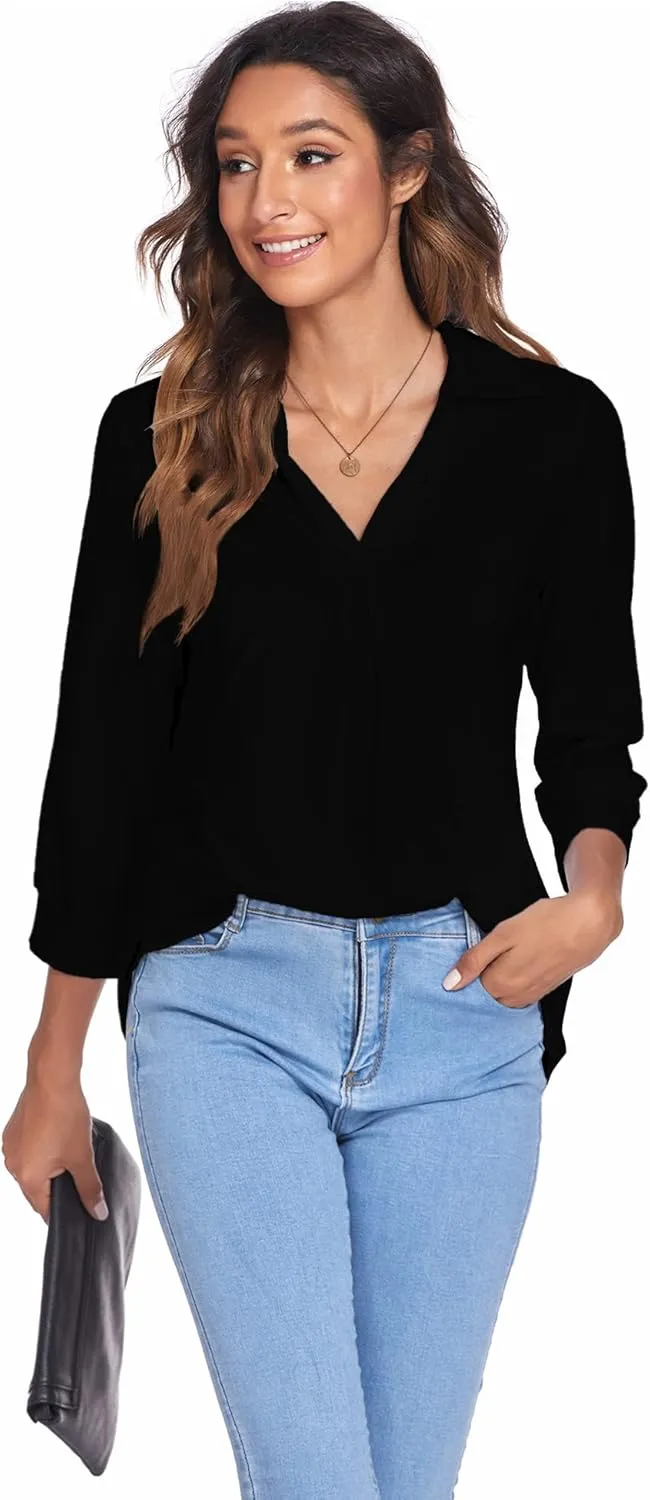 Newchoice Womens Collared V Neck 3/4 Sleeve Shirts Business Casual Tops Loose Work Blouses (S-3XL)