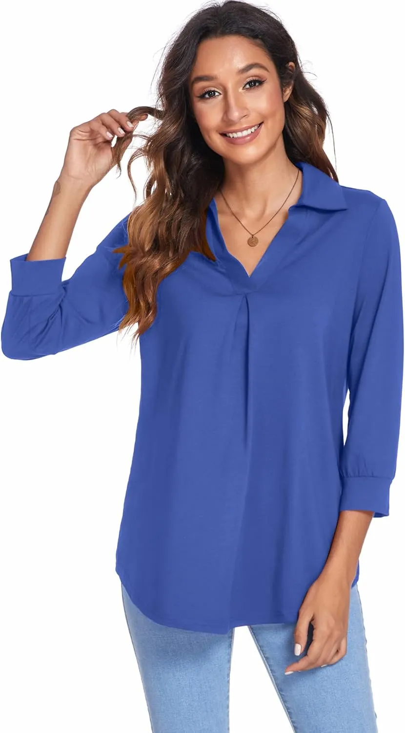 Newchoice Womens Collared V Neck 3/4 Sleeve Shirts Business Casual Tops Loose Work Blouses (S-3XL)