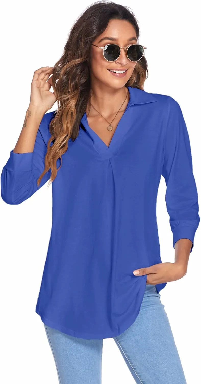 Newchoice Womens Collared V Neck 3/4 Sleeve Shirts Business Casual Tops Loose Work Blouses (S-3XL)