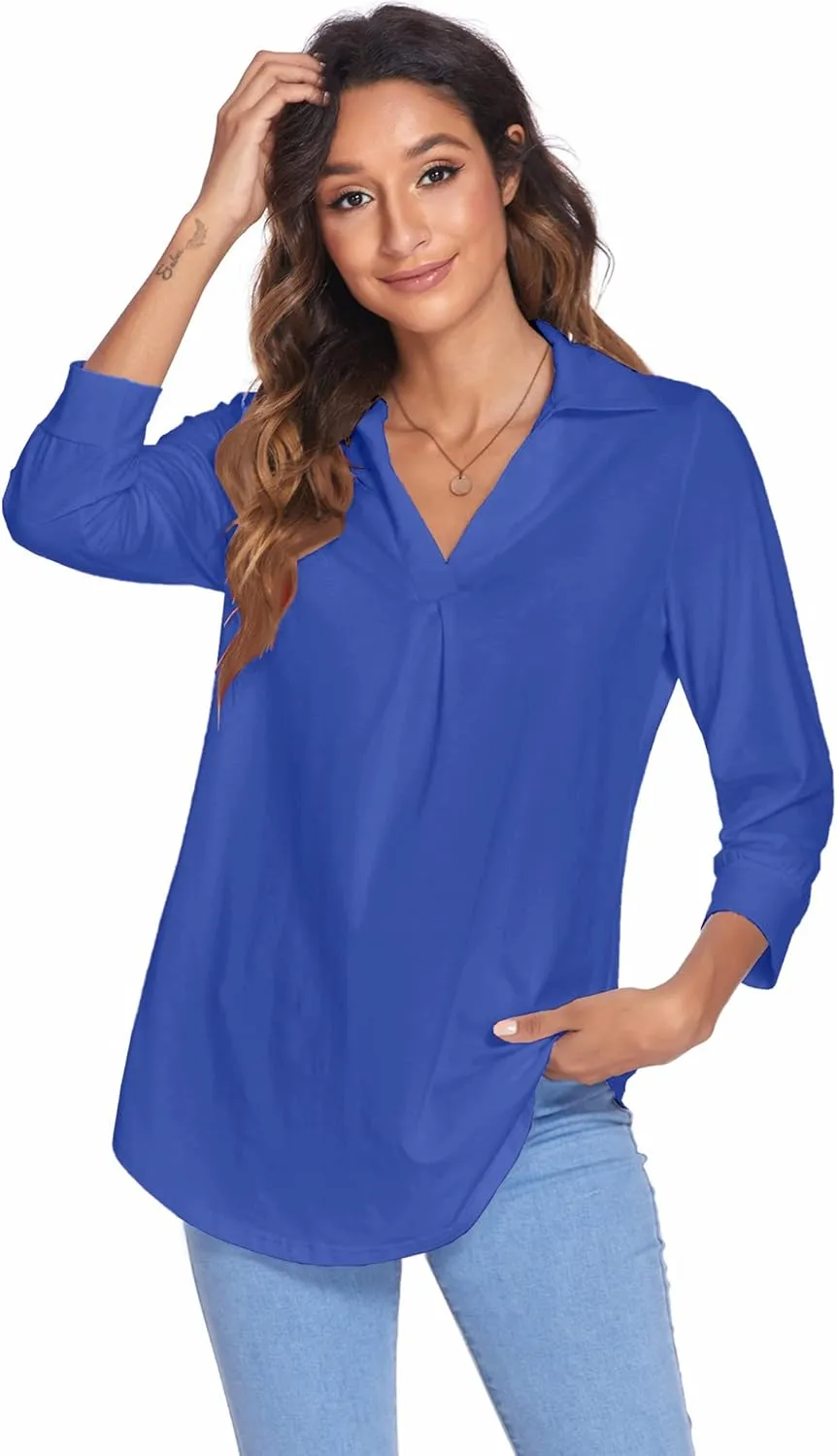 Newchoice Womens Collared V Neck 3/4 Sleeve Shirts Business Casual Tops Loose Work Blouses (S-3XL)