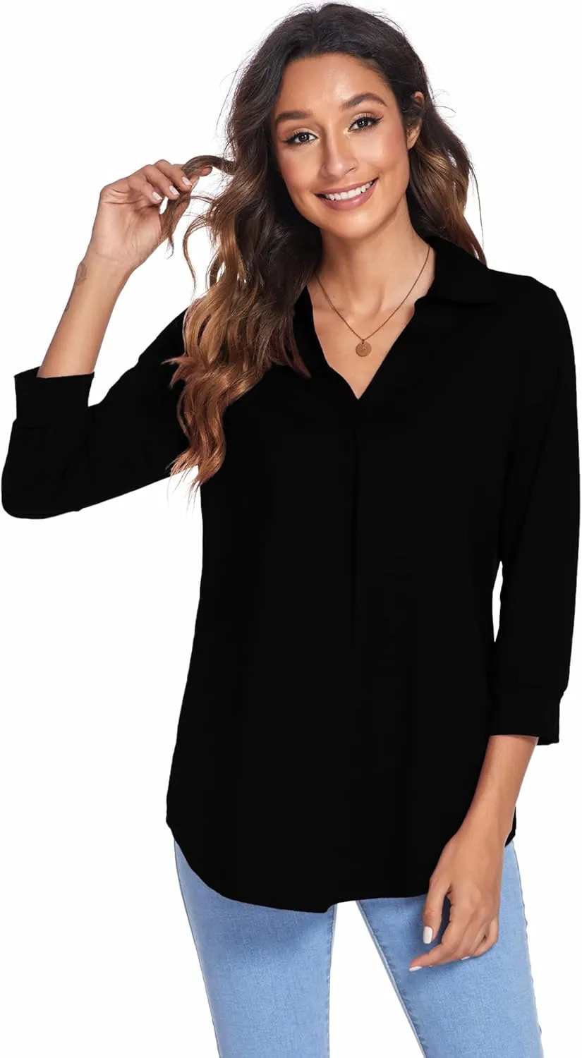 Newchoice Womens Collared V Neck 3/4 Sleeve Shirts Business Casual Tops Loose Work Blouses (S-3XL)