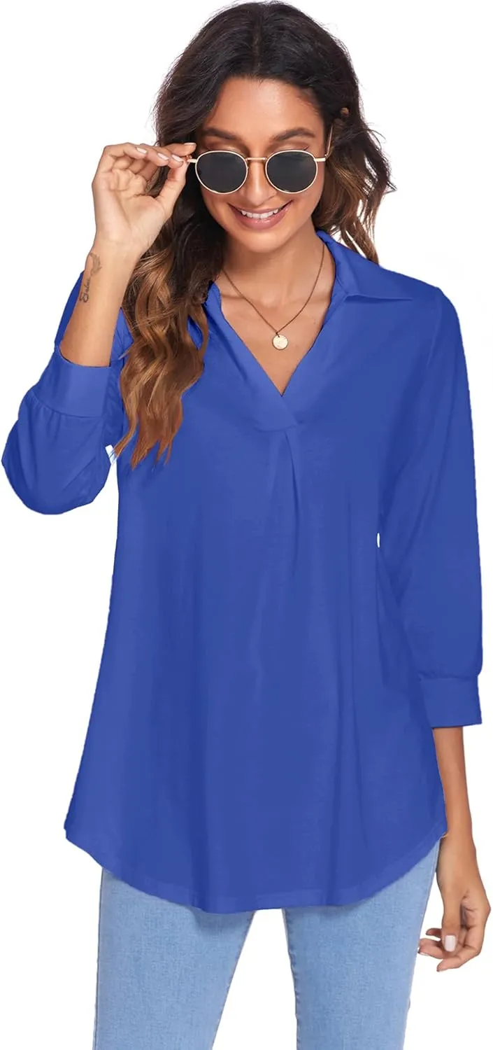 Newchoice Womens Collared V Neck 3/4 Sleeve Shirts Business Casual Tops Loose Work Blouses (S-3XL)