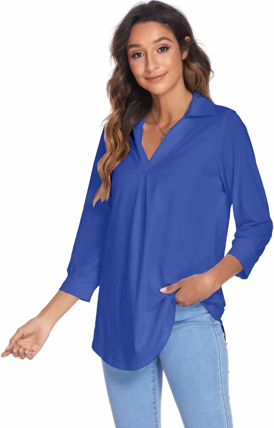 Newchoice Womens Collared V Neck 3/4 Sleeve Shirts Business Casual Tops Loose Work Blouses (S-3XL)