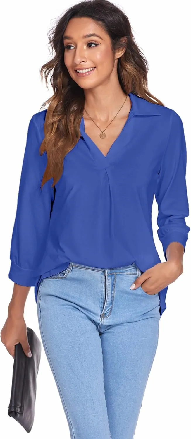 Newchoice Womens Collared V Neck 3/4 Sleeve Shirts Business Casual Tops Loose Work Blouses (S-3XL)