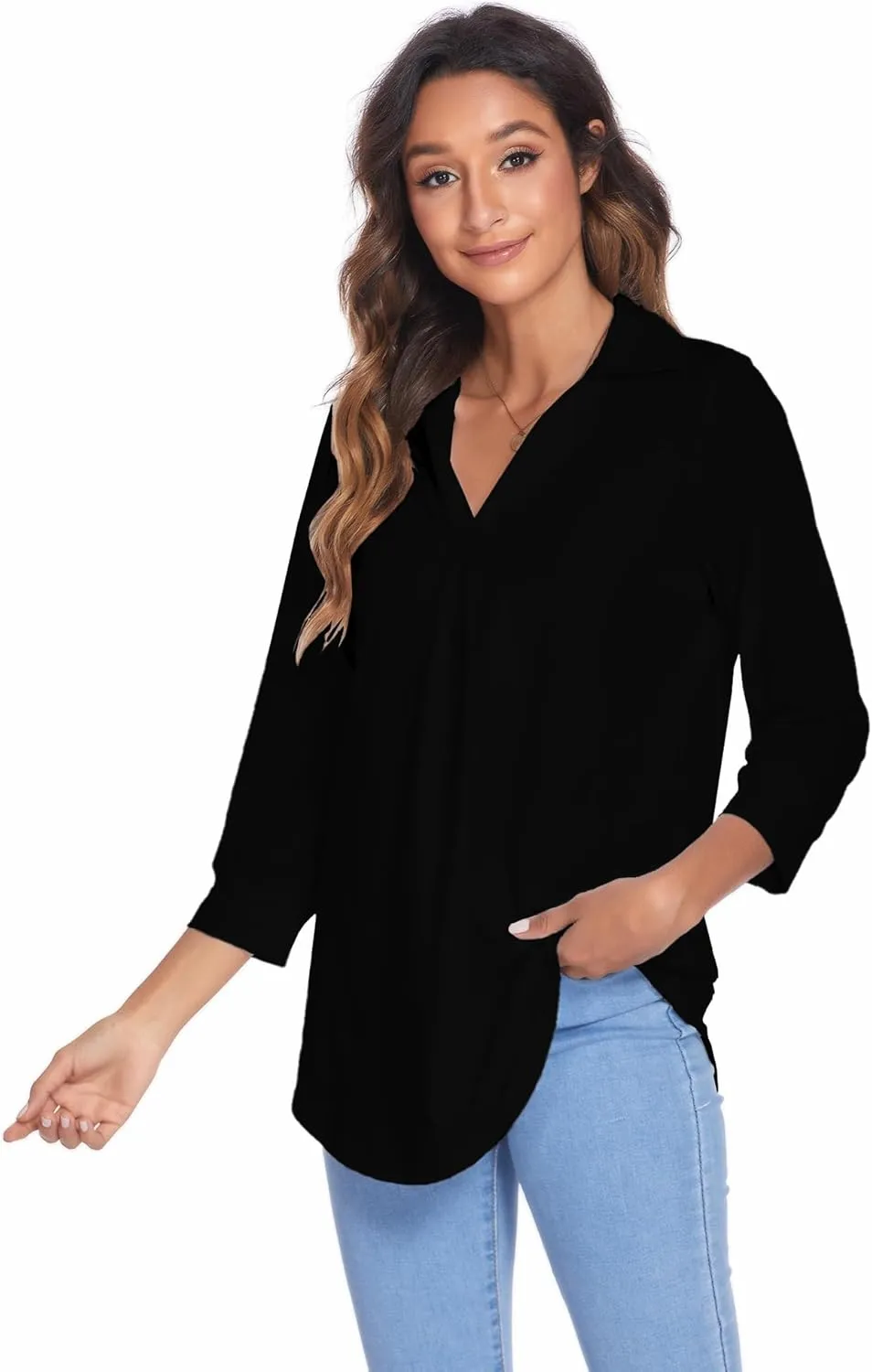 Newchoice Womens Collared V Neck 3/4 Sleeve Shirts Business Casual Tops Loose Work Blouses (S-3XL)