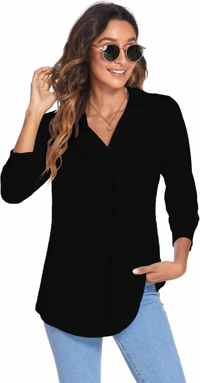 Newchoice Womens Collared V Neck 3/4 Sleeve Shirts Business Casual Tops Loose Work Blouses (S-3XL)