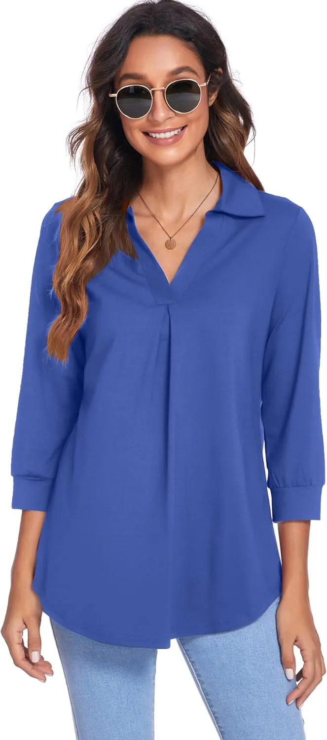 Newchoice Womens Collared V Neck 3/4 Sleeve Shirts Business Casual Tops Loose Work Blouses (S-3XL)