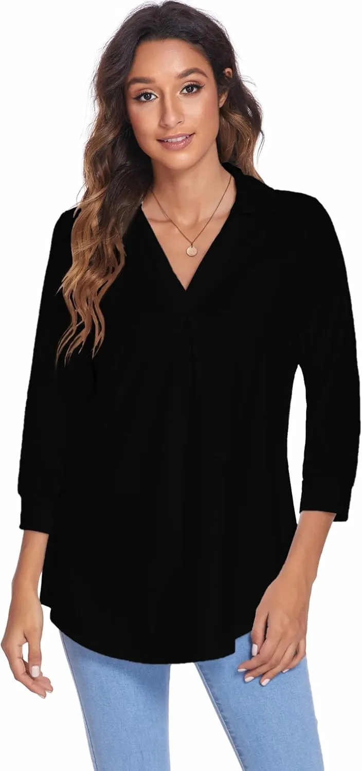 Newchoice Womens Collared V Neck 3/4 Sleeve Shirts Business Casual Tops Loose Work Blouses (S-3XL)