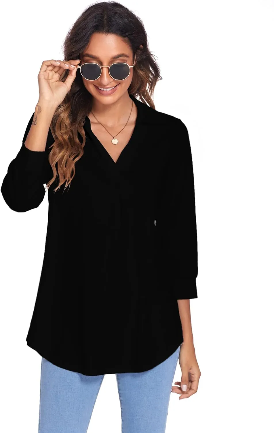 Newchoice Womens Collared V Neck 3/4 Sleeve Shirts Business Casual Tops Loose Work Blouses (S-3XL)