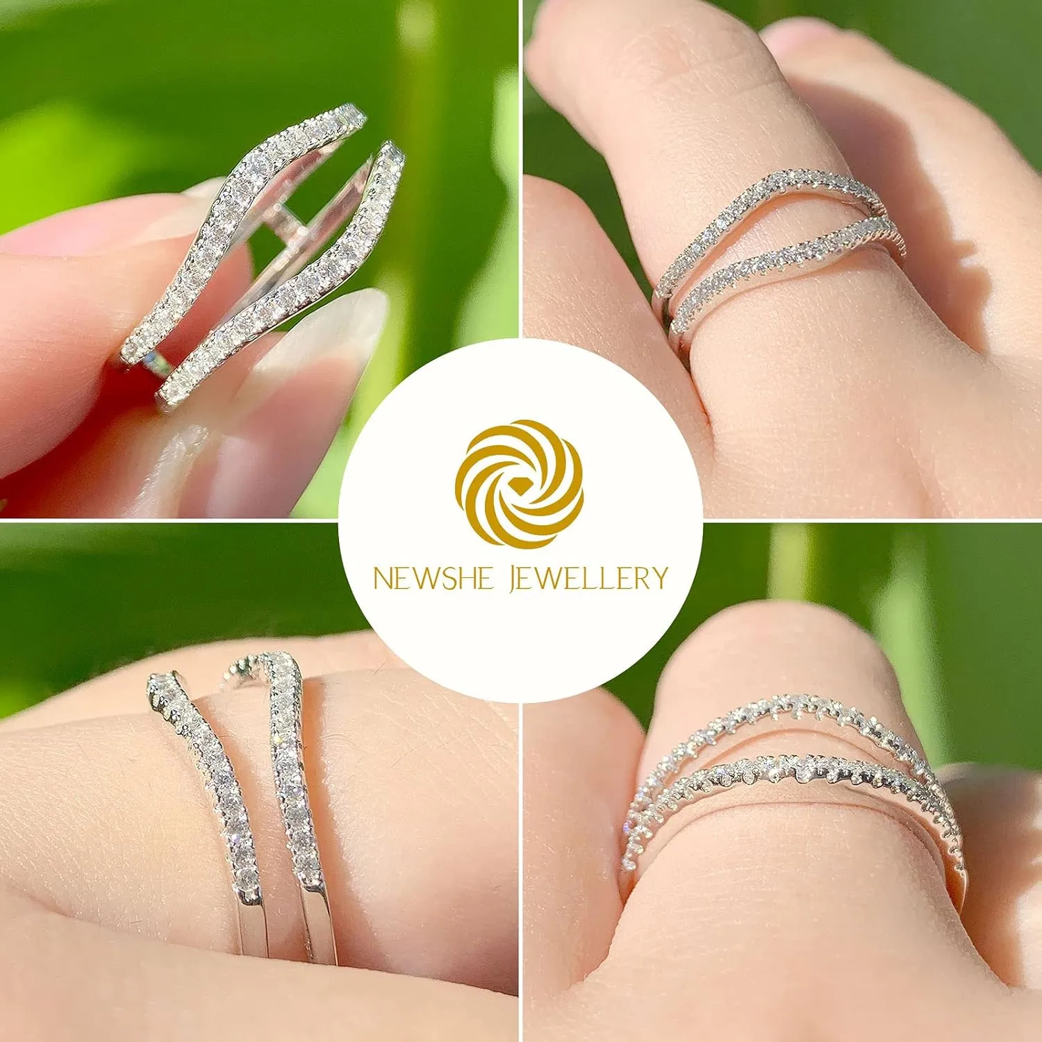 Newshe Jewellery AAAAA Cubic Zirconia Curved Wedding Bands for Women Ring Enhancer Guard for Engagement Rings 925 Sterling Silver Size 4-13