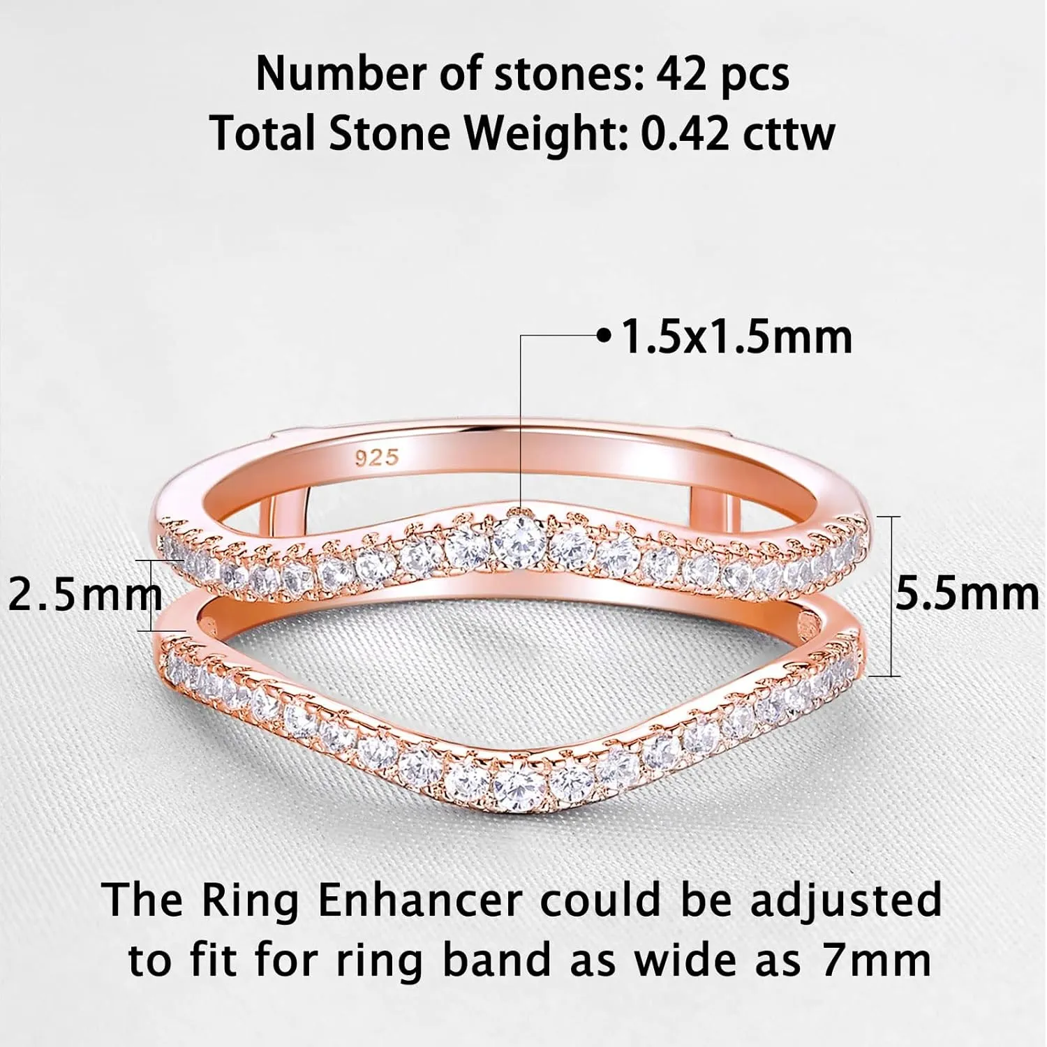 Newshe Jewellery AAAAA Cubic Zirconia Curved Wedding Bands for Women Ring Enhancer Guard for Engagement Rings 925 Sterling Silver Size 4-13