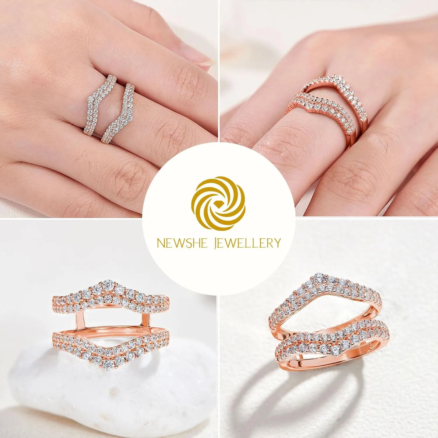 Newshe Jewellery AAAAA Cz Curved Bridal Ring Enhancer Guard for Women Engagement Rings 925 Sterling Silver White Gold Size 5-10