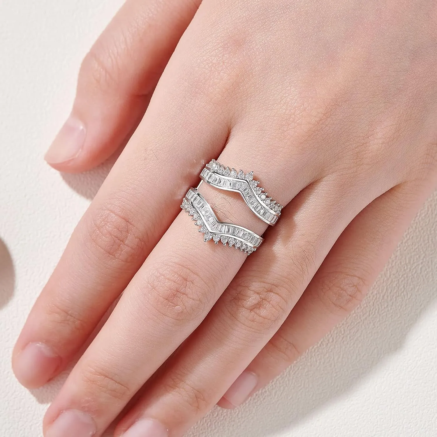 Newshe Jewellery Curved Bridal Ring Enhancer Guard for Women AAAAA Cz Engagement Rings White Gold 925 Sterling Silver Size 5-10