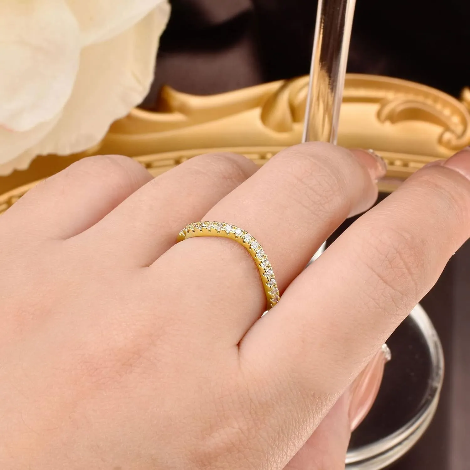 Newshe Jewellery Curved Wedding Bands for Women AAAAA Cz Stacking 925 Sterling Silver Eternity Rings Wishbone Size 4-13