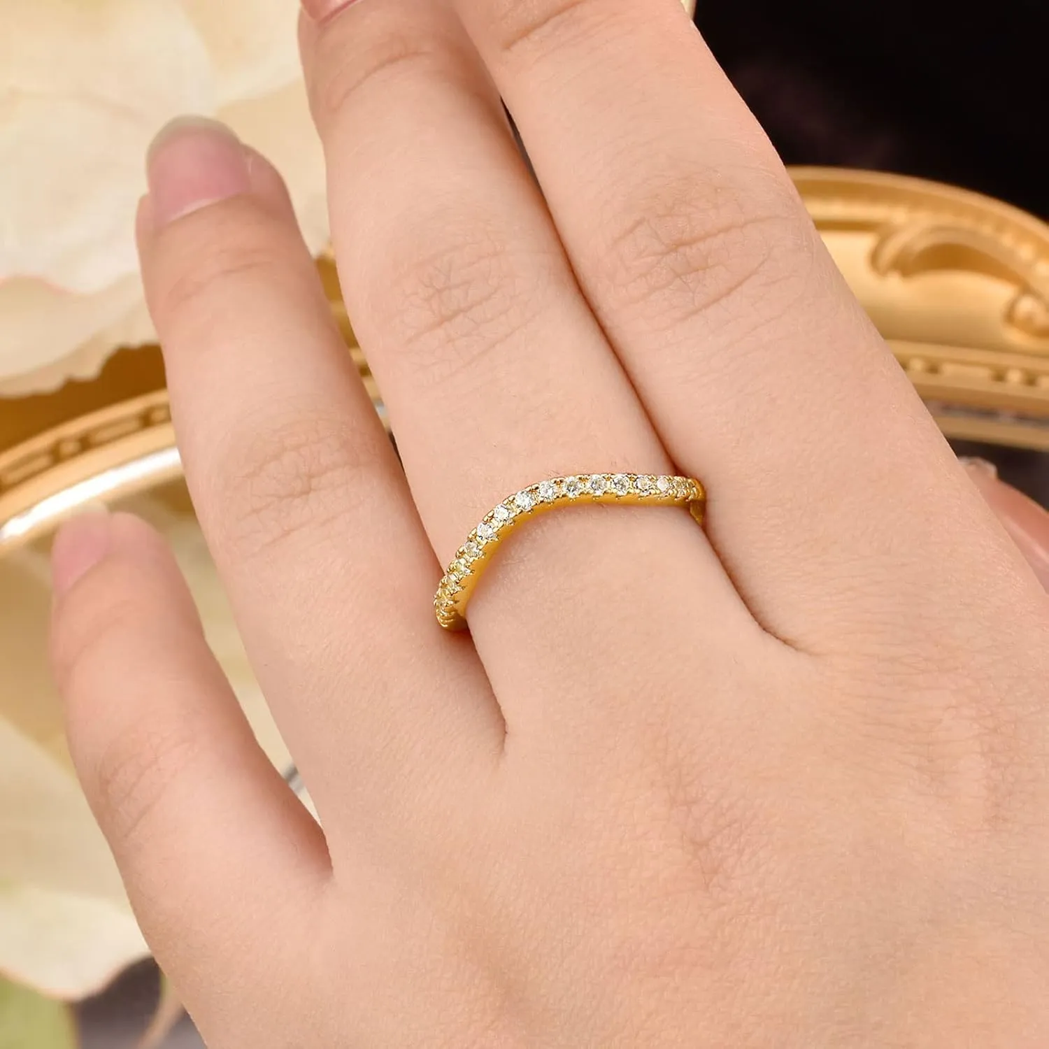 Newshe Jewellery Curved Wedding Bands for Women AAAAA Cz Stacking 925 Sterling Silver Eternity Rings Wishbone Size 4-13