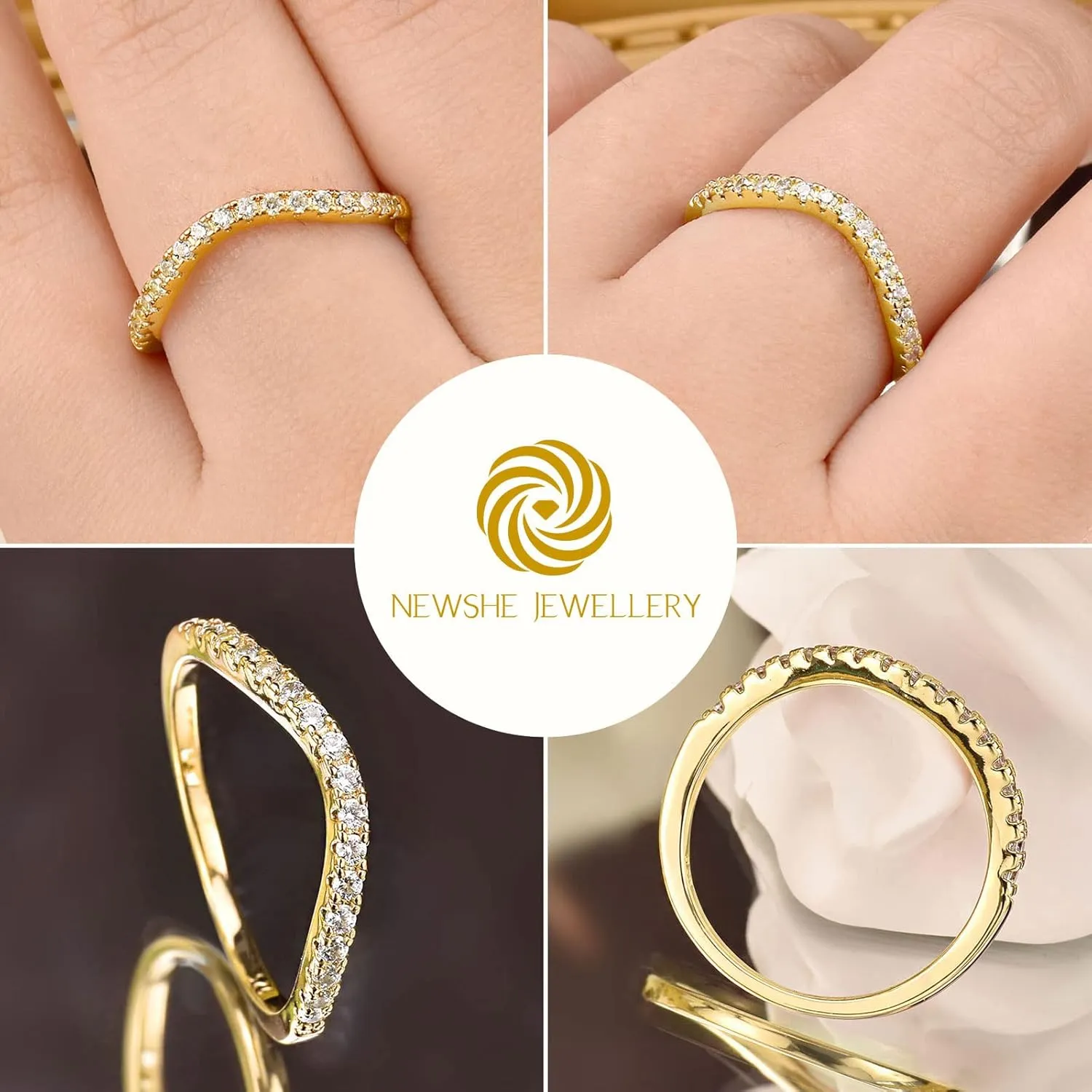 Newshe Jewellery Curved Wedding Bands for Women AAAAA Cz Stacking 925 Sterling Silver Eternity Rings Wishbone Size 4-13