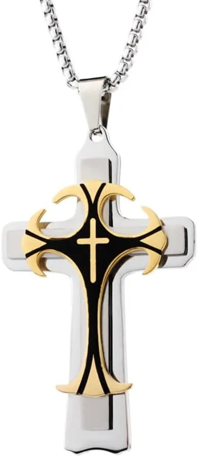 NIGHTCRUZ Fleury Cross Necklace Stainless Steel, Heavy Cross Pendant with Two Tone
