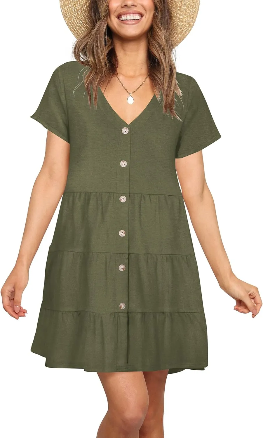 Nova In Sky Women's Summer Dresses 2025 Short Sleeve V-Neck Casual Loose Swing Button Down Casual T Shirt Dresses