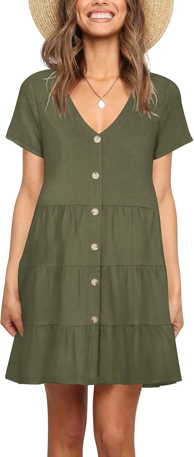 Nova In Sky Women's Summer Dresses 2025 Short Sleeve V-Neck Casual Loose Swing Button Down Casual T Shirt Dresses