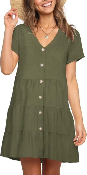 Nova In Sky Women's Summer Dresses 2025 Short Sleeve V-Neck Casual Loose Swing Button Down Casual T Shirt Dresses