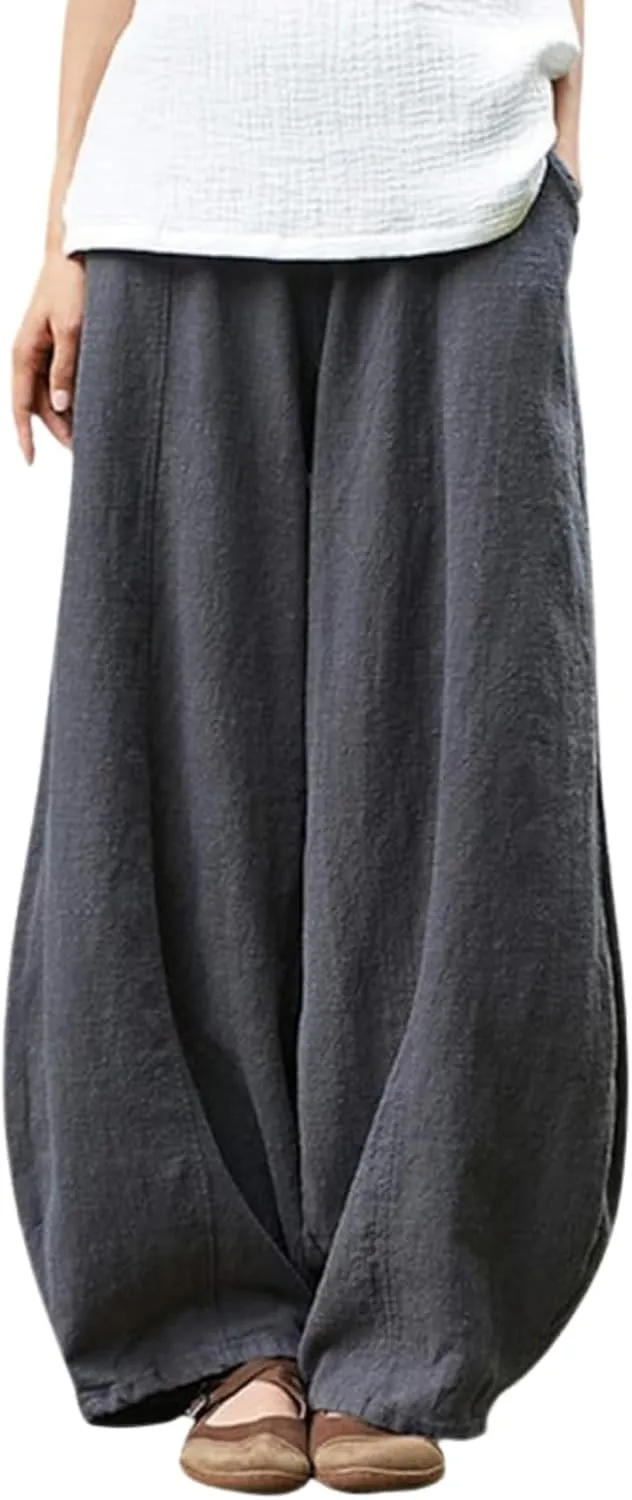 Ocean Print Cargo Pants for Women Cotton Linen Japanese Baggy Trouser Casual Boho Oil Painting Pants Wide Leg