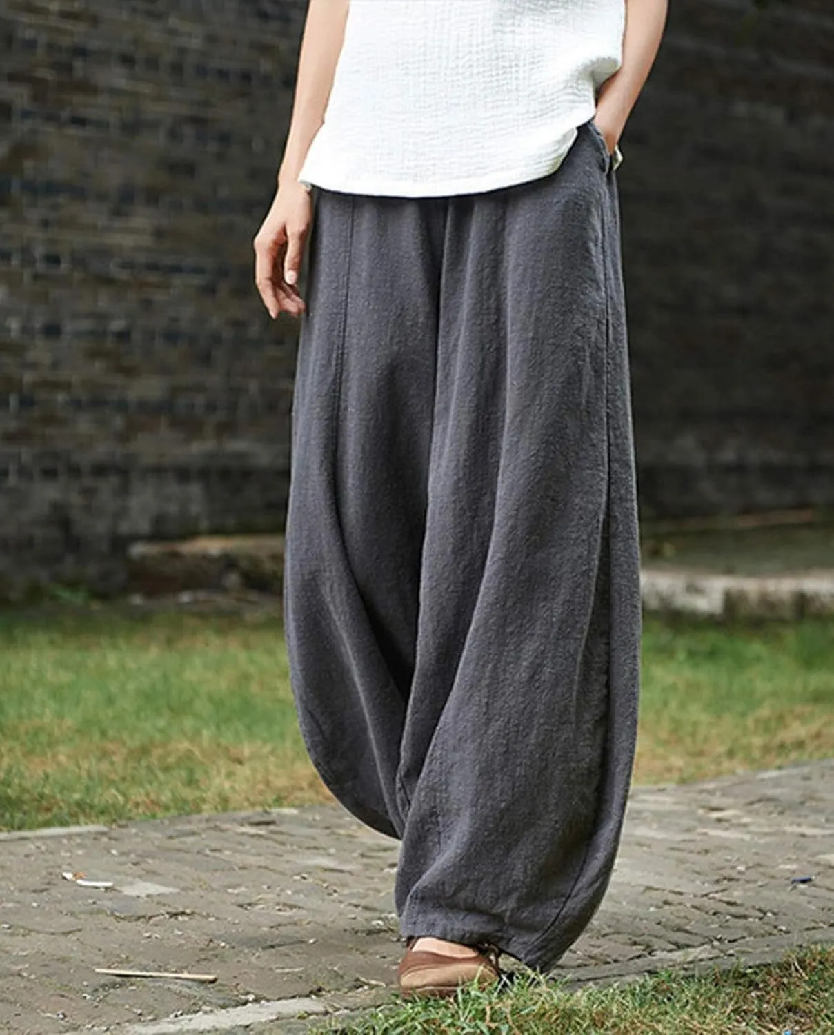 Ocean Print Cargo Pants for Women Cotton Linen Japanese Baggy Trouser Casual Boho Oil Painting Pants Wide Leg