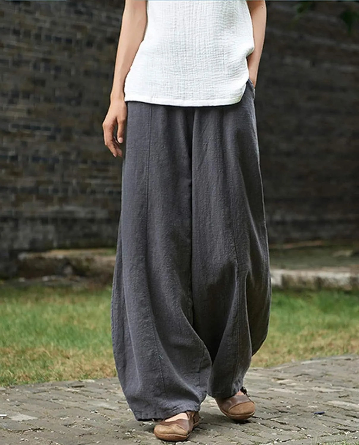 Ocean Print Cargo Pants for Women Cotton Linen Japanese Baggy Trouser Casual Boho Oil Painting Pants Wide Leg