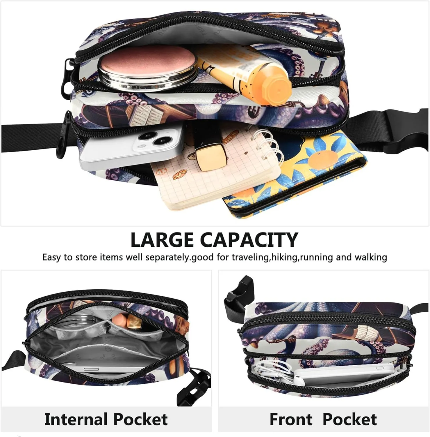 Octopus Tentacle Musical Funny Waterproof Women Fanny Packs Hip Pack Belt Pouch Cartoon Travel Waist Pack for Men
