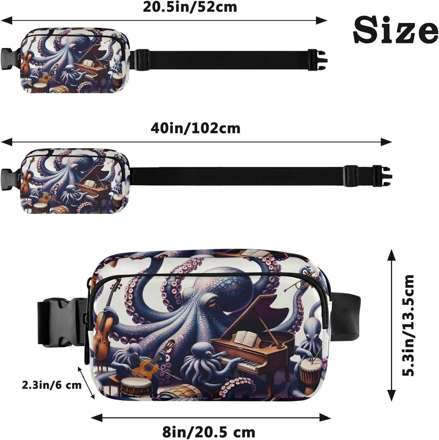Octopus Tentacle Musical Funny Waterproof Women Fanny Packs Hip Pack Belt Pouch Cartoon Travel Waist Pack for Men