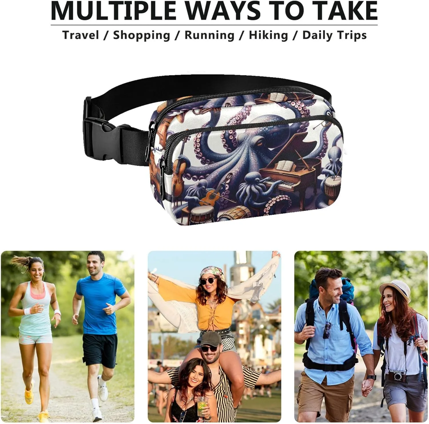 Octopus Tentacle Musical Funny Waterproof Women Fanny Packs Hip Pack Belt Pouch Cartoon Travel Waist Pack for Men