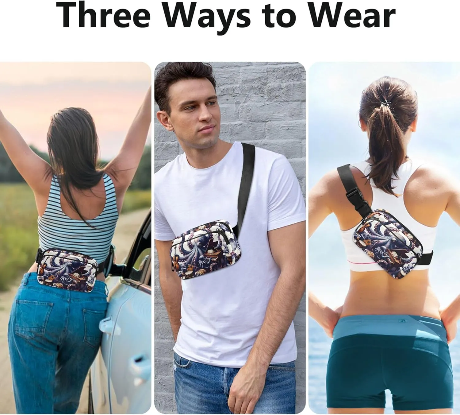 Octopus Tentacle Musical Funny Waterproof Women Fanny Packs Hip Pack Belt Pouch Cartoon Travel Waist Pack for Men