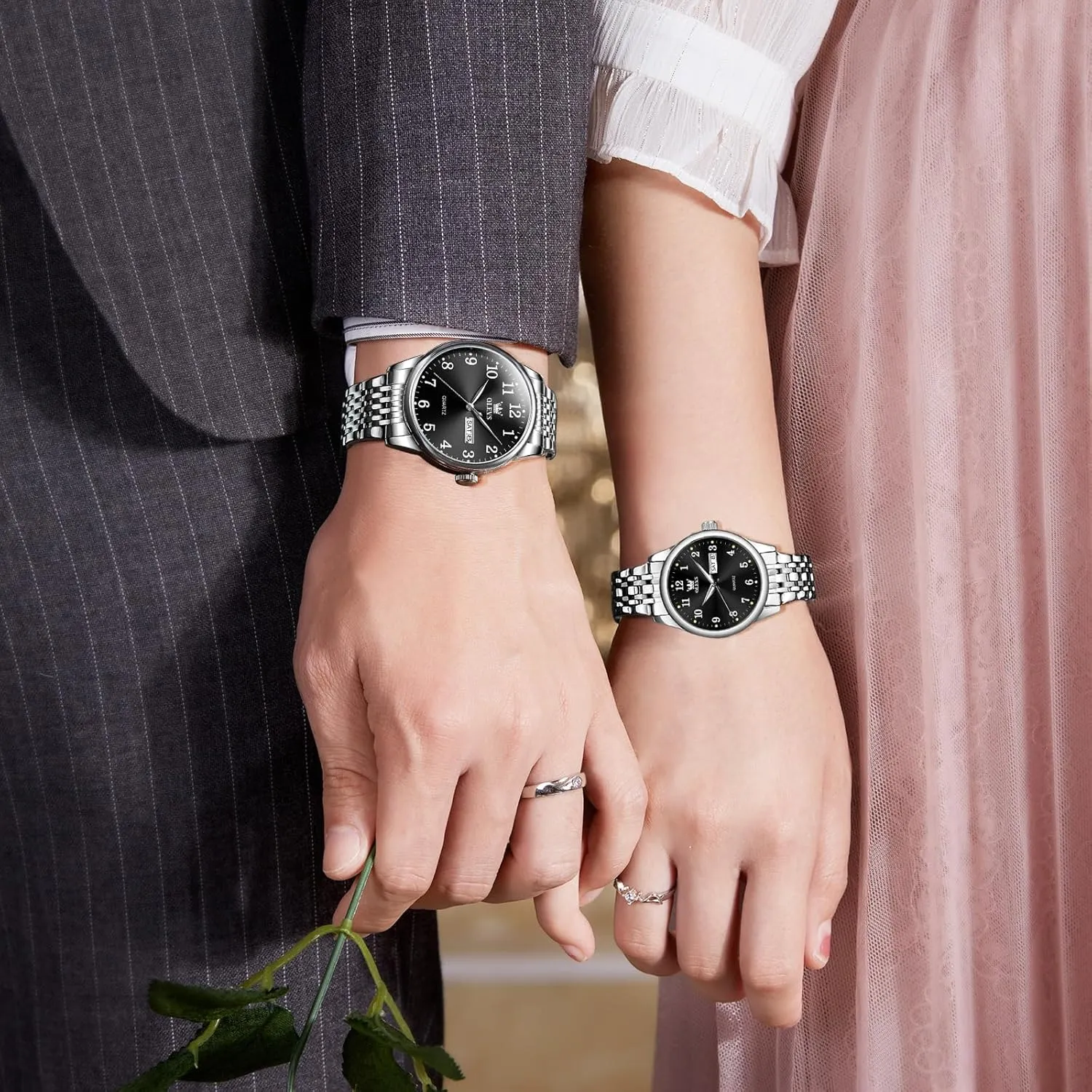 OLEVS Couple Watches Men and Women Silver Gold Two Tone Stainless Steel His and Hers Watches Set Waterproof Dainty Dress Analog Quartz Matching Wrist Watches for Couples Silver Blue Grey Dail