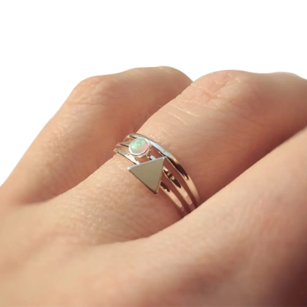 Opal Ring Set, Silver Triangle Ring Set, Geometric Ring Set, Opal Ring, Textured Rings, Modern, Minimal, Simple Opal Ring Set, October Gem