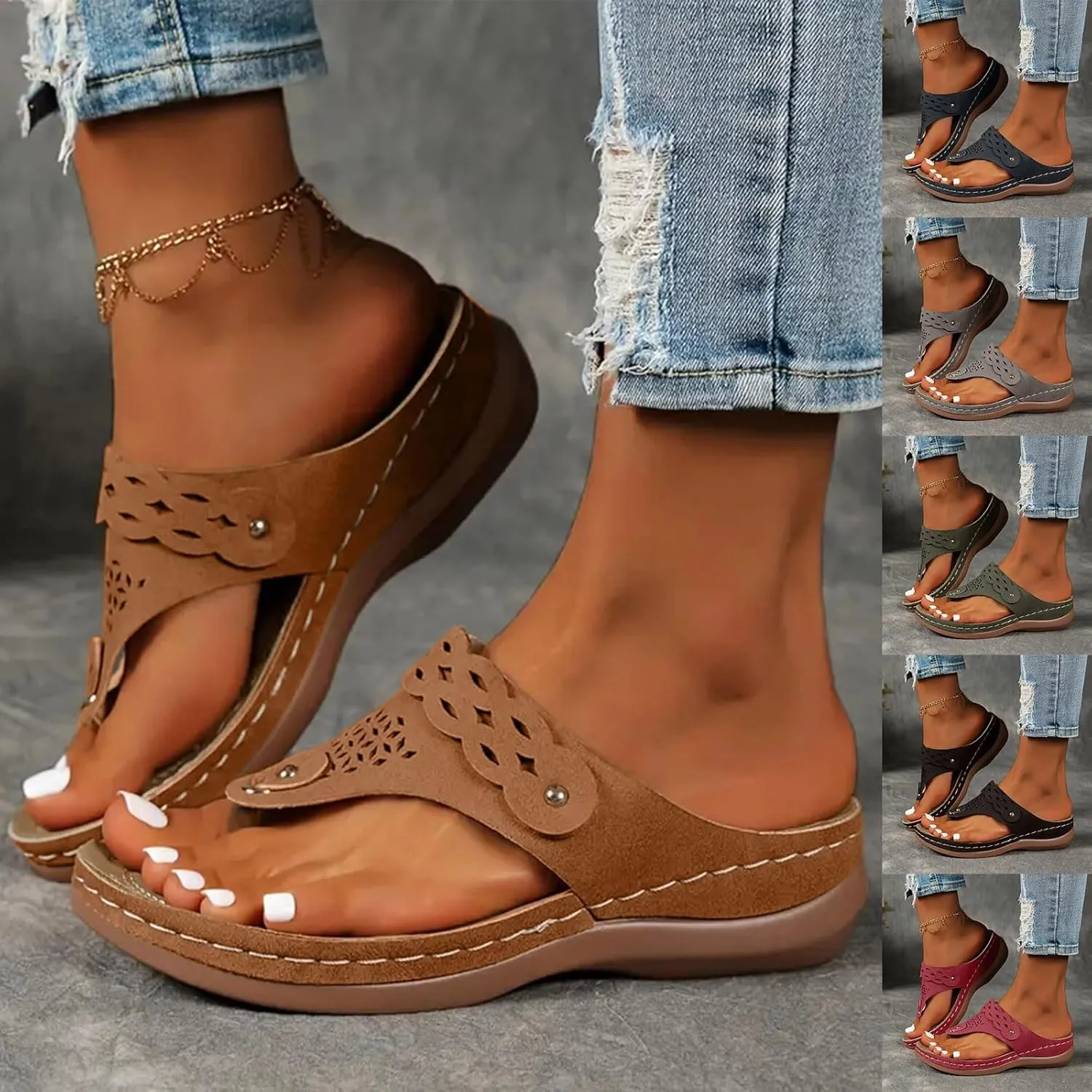 Orthopedic Comfortable Arch Support Sandals for Women Wedge Flip Flop Casual Bunion Breathable Shoes Slip On Slides Beach Orthotic Cushion Thong T-Strap Flat Slippers Walking Slide for Daily Wear