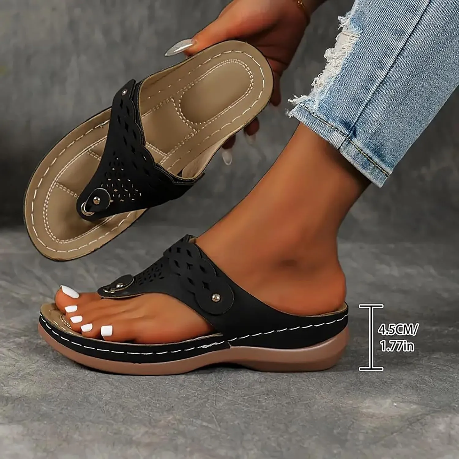 Orthopedic Comfortable Arch Support Sandals for Women Wedge Flip Flop Casual Bunion Breathable Shoes Slip On Slides Beach Orthotic Cushion Thong T-Strap Flat Slippers Walking Slide for Daily Wear