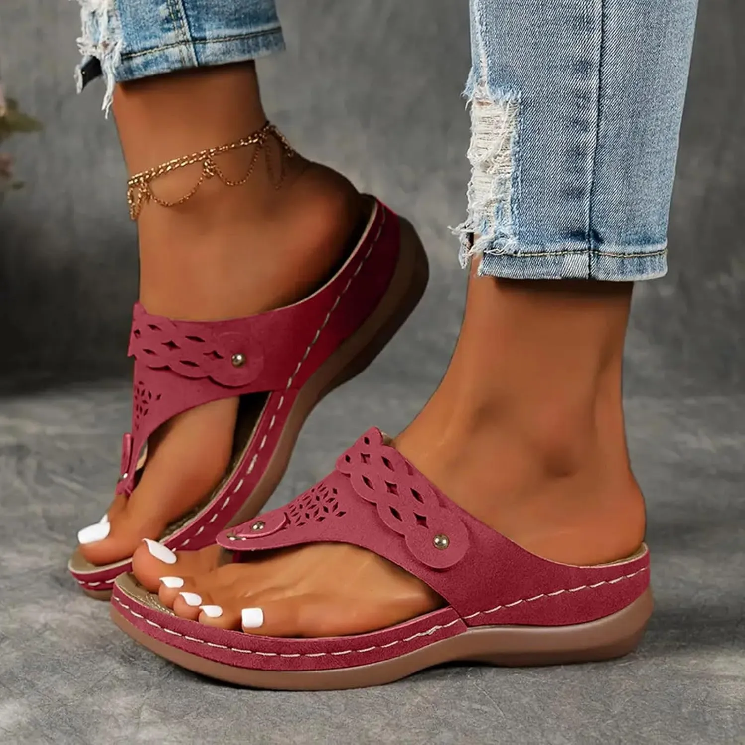 Orthopedic Comfortable Arch Support Sandals for Women Wedge Flip Flop Casual Bunion Breathable Shoes Slip On Slides Beach Orthotic Cushion Thong T-Strap Flat Slippers Walking Slide for Daily Wear