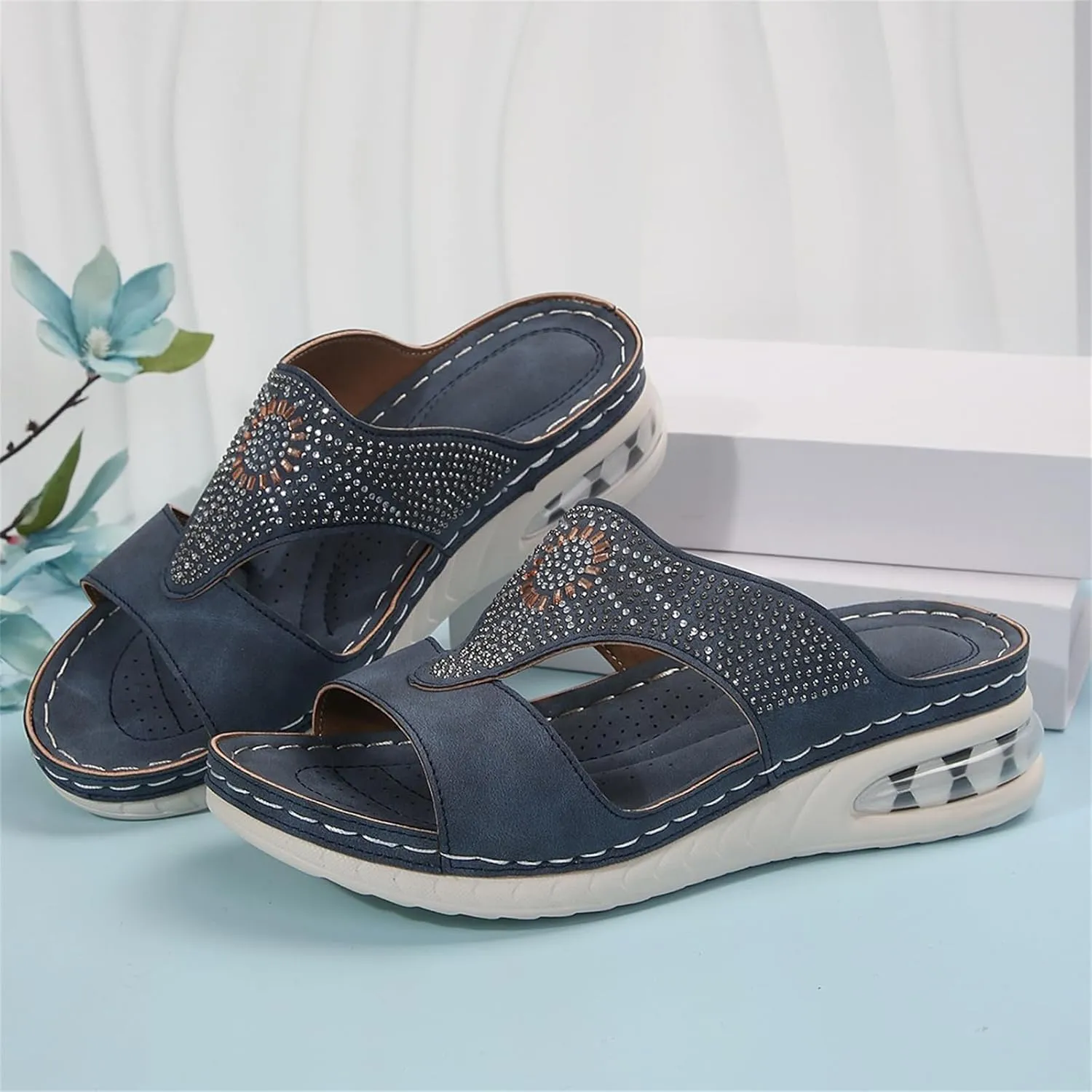 Orthopedic Sandals for Women Rhinestone Strappy Slip on Platform Sandals, Comfortable Air Cushion Walking Slippers Fish Mouth Open Toe Loafers with Arch Support