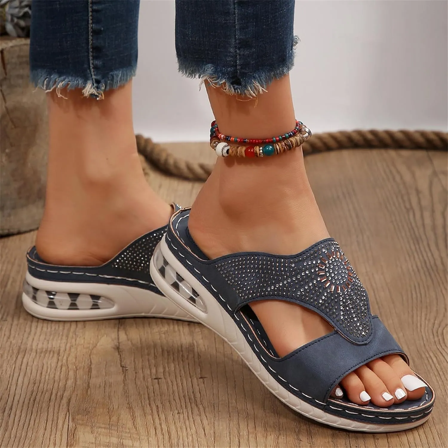 Orthopedic Sandals for Women Rhinestone Strappy Slip on Platform Sandals, Comfortable Air Cushion Walking Slippers Fish Mouth Open Toe Loafers with Arch Support