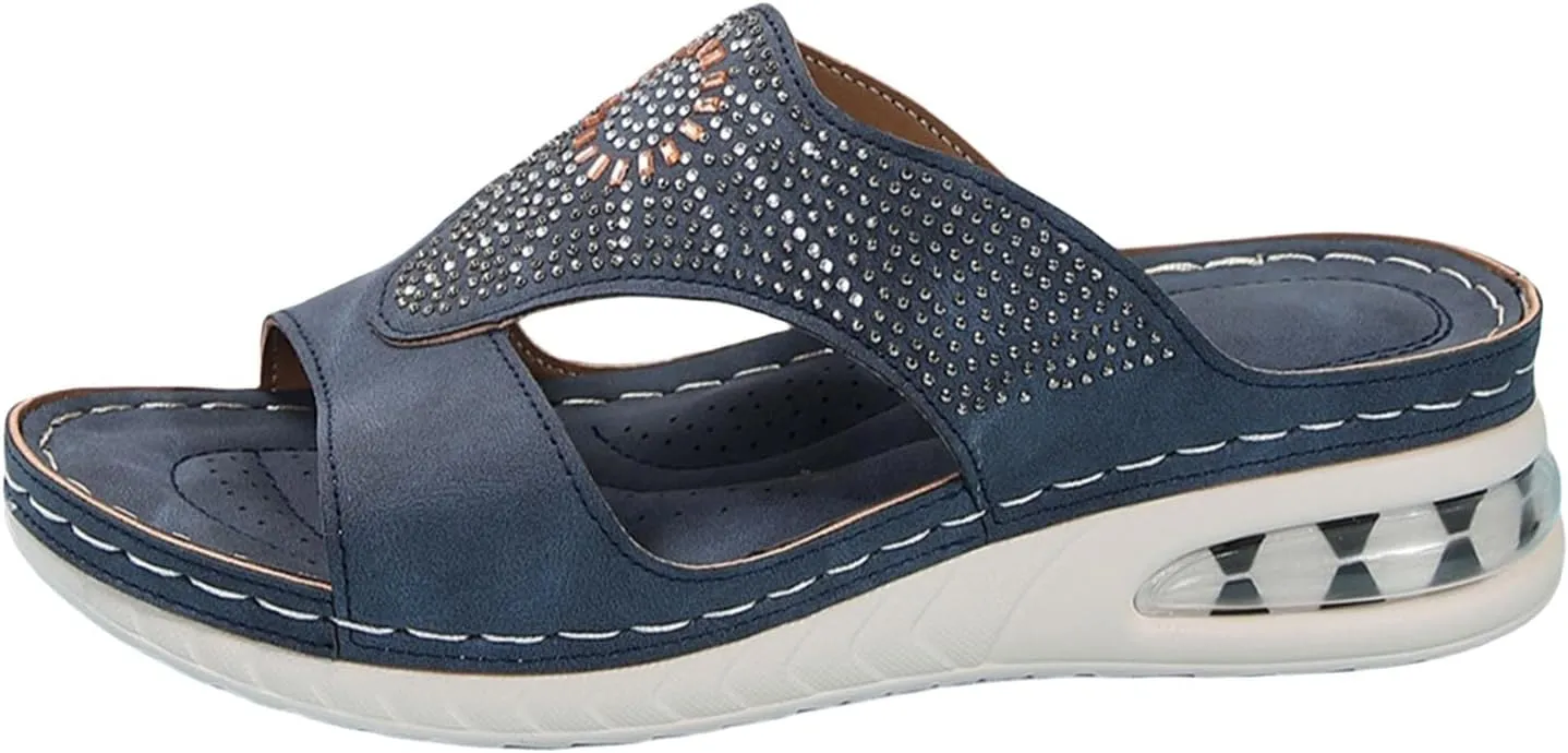 Orthopedic Sandals for Women Rhinestone Strappy Slip on Platform Sandals, Comfortable Air Cushion Walking Slippers Fish Mouth Open Toe Loafers with Arch Support