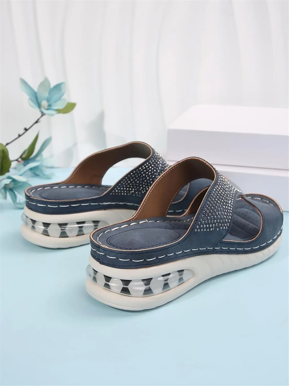 Orthopedic Sandals for Women Rhinestone Strappy Slip on Platform Sandals, Comfortable Air Cushion Walking Slippers Fish Mouth Open Toe Loafers with Arch Support