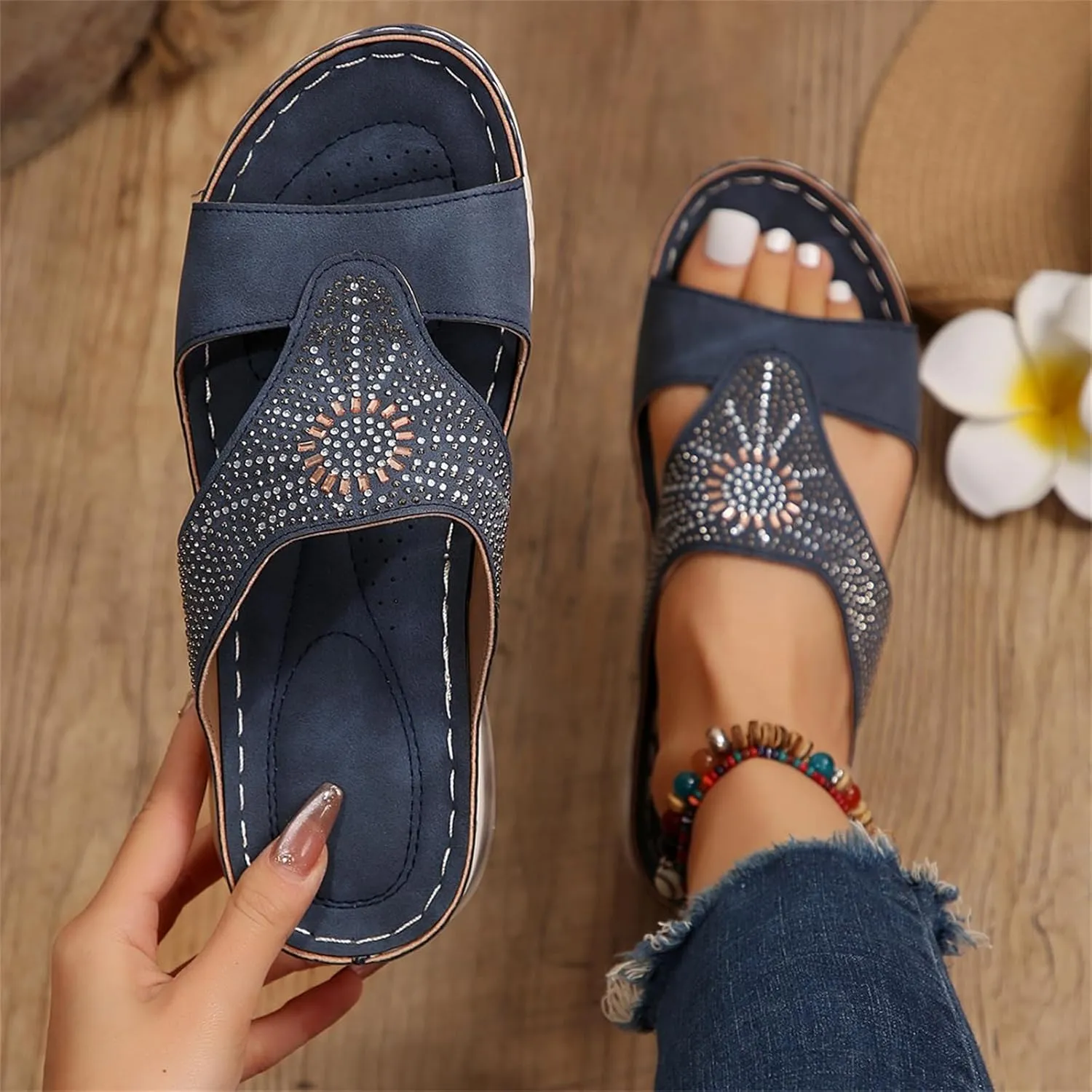 Orthopedic Sandals for Women Rhinestone Strappy Slip on Platform Sandals, Comfortable Air Cushion Walking Slippers Fish Mouth Open Toe Loafers with Arch Support