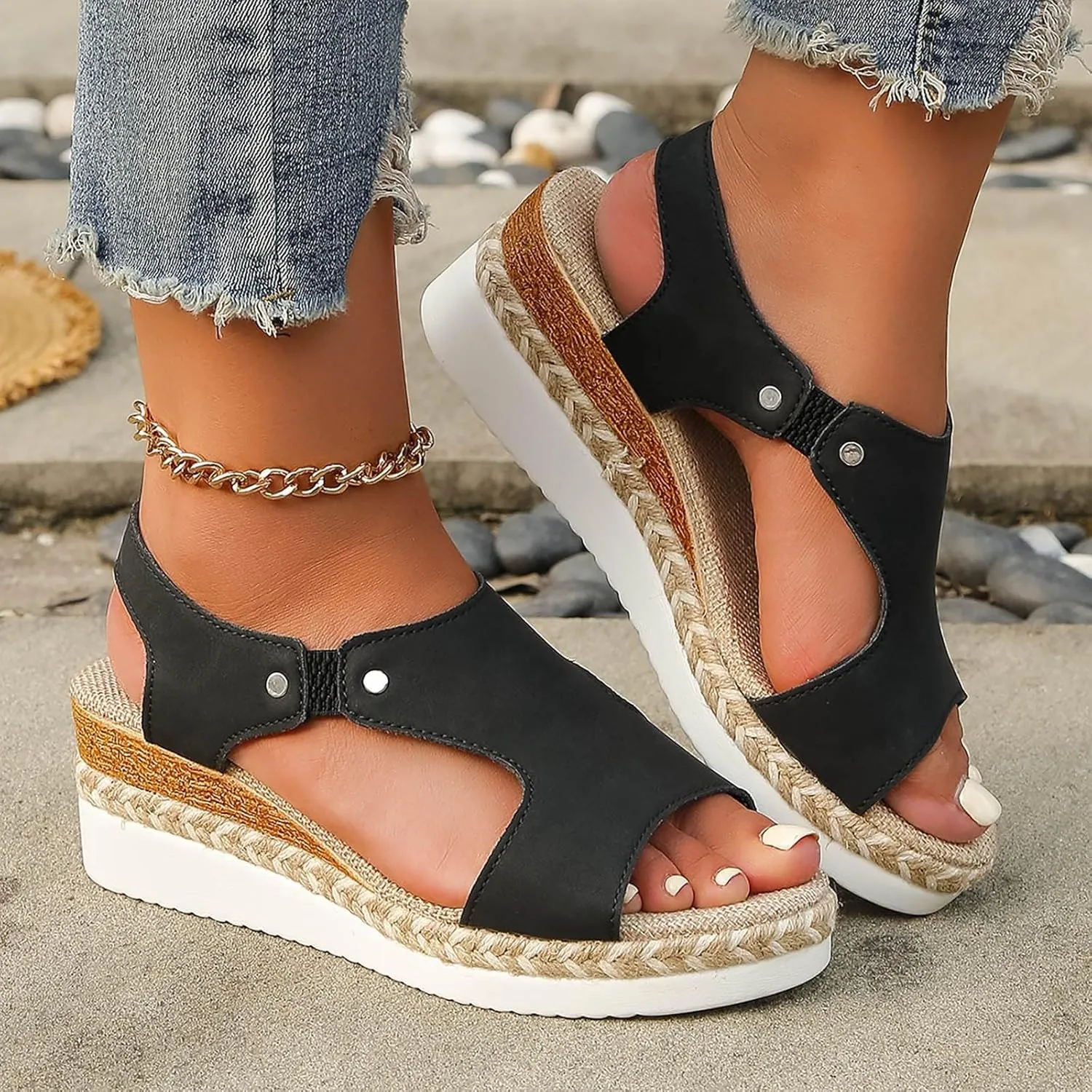 Orthopedic Wedge Sandals for Women Platform Footwear Comfortable Open-Toe Slip On Sandals Wide Width Wedge Sandal Lightweight for All Day Wear