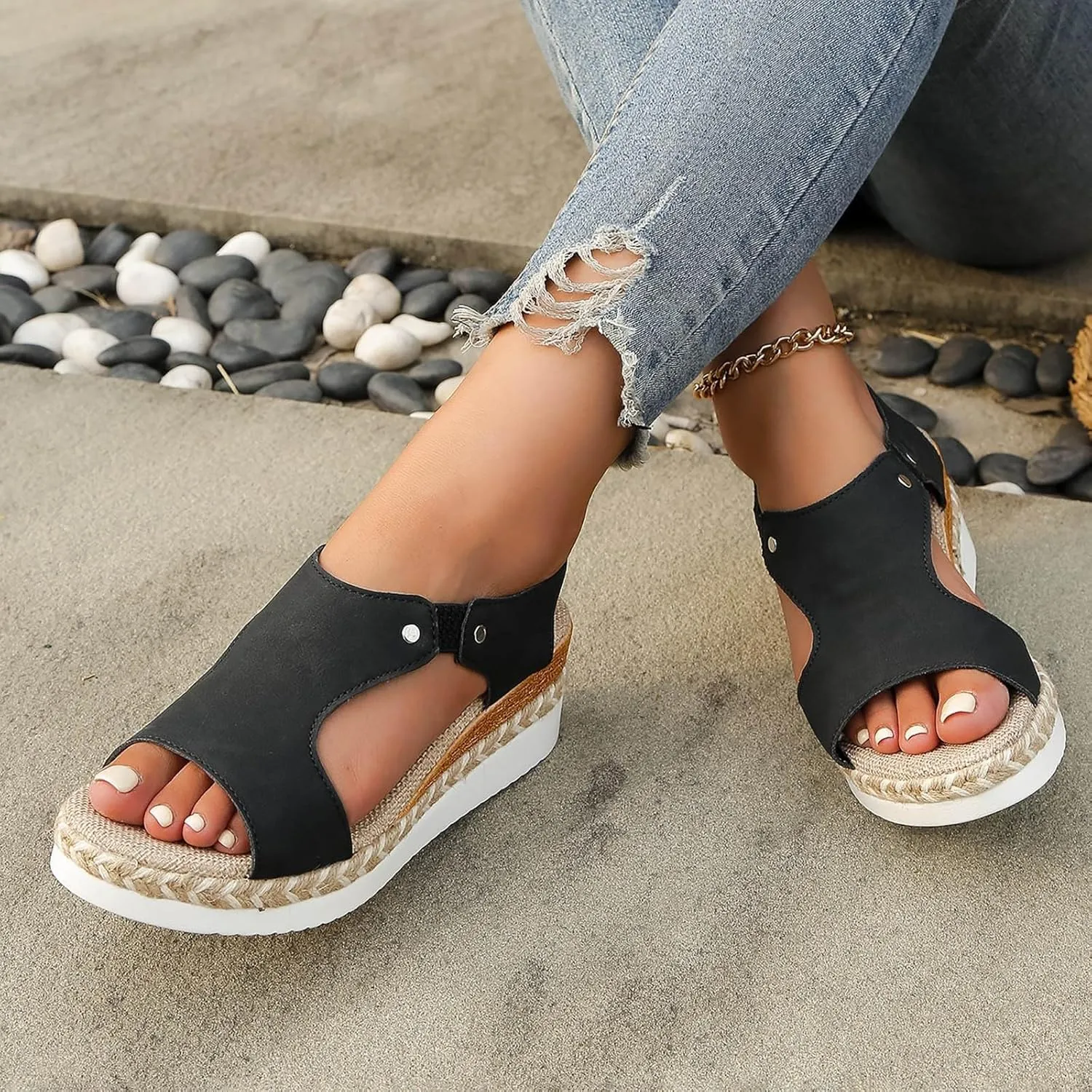 Orthopedic Wedge Sandals for Women Platform Footwear Comfortable Open-Toe Slip On Sandals Wide Width Wedge Sandal Lightweight for All Day Wear
