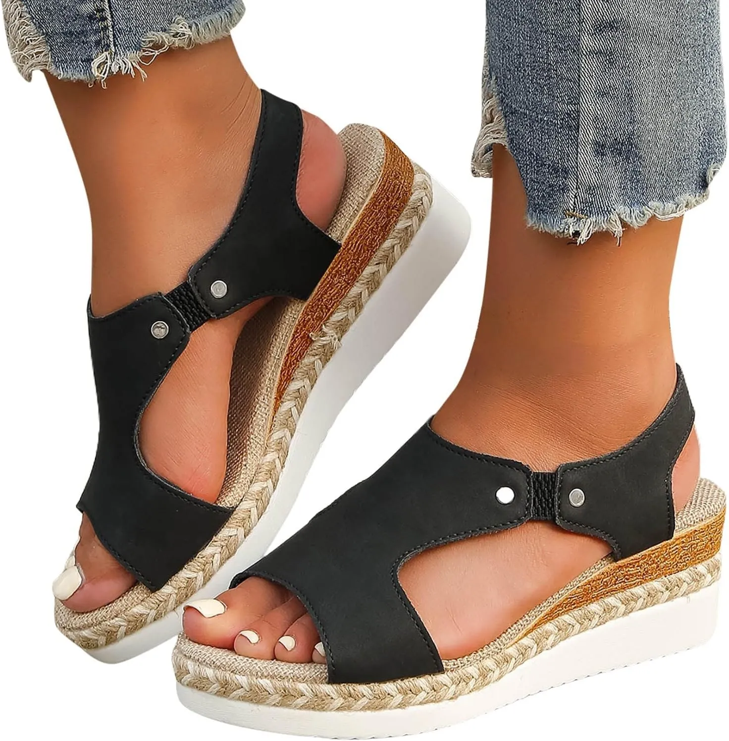 Orthopedic Wedge Sandals for Women Platform Footwear Comfortable Open-Toe Slip On Sandals Wide Width Wedge Sandal Lightweight for All Day Wear