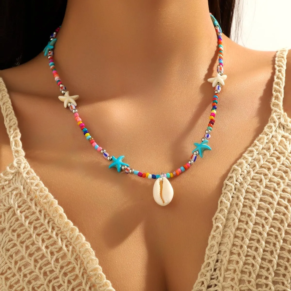 Otxas Shell Necklaces for Women Boho Beach Necklace Beaded Choker Necklace Summer Beach Jewelry for Women Starfish Pendant Necklace Seashell Necklace Shell jewelry