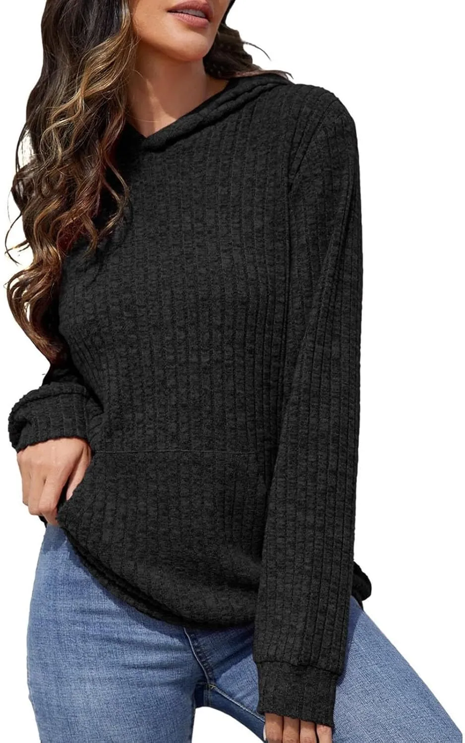 Oversized Hoodies for Women Comfy Long Sleeve Shirts Kangaroo Pocket Pullover Sweatshirts Ribbed Knit Tunic Sweaters