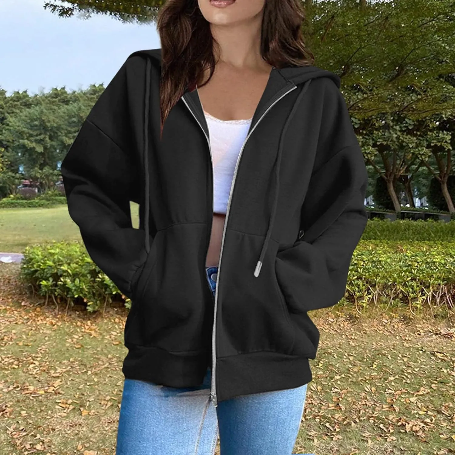 Oversized Hoodies for Women Cute Solid Color Drawstring Fashion Hoodies Loose Fit Zip Up Sweatshirt with Pocket