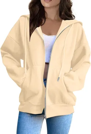 Oversized Hoodies for Women Cute Solid Color Drawstring Fashion Hoodies Loose Fit Zip Up Sweatshirt with Pocket