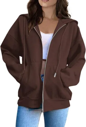 Oversized Hoodies for Women Cute Solid Color Drawstring Fashion Hoodies Loose Fit Zip Up Sweatshirt with Pocket